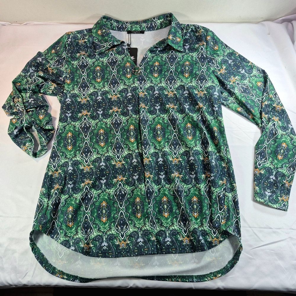 Valolia Green Blue Orange Paisley Print V-Neck Tunic Blouse Shirt XL - Picture 8 of 15